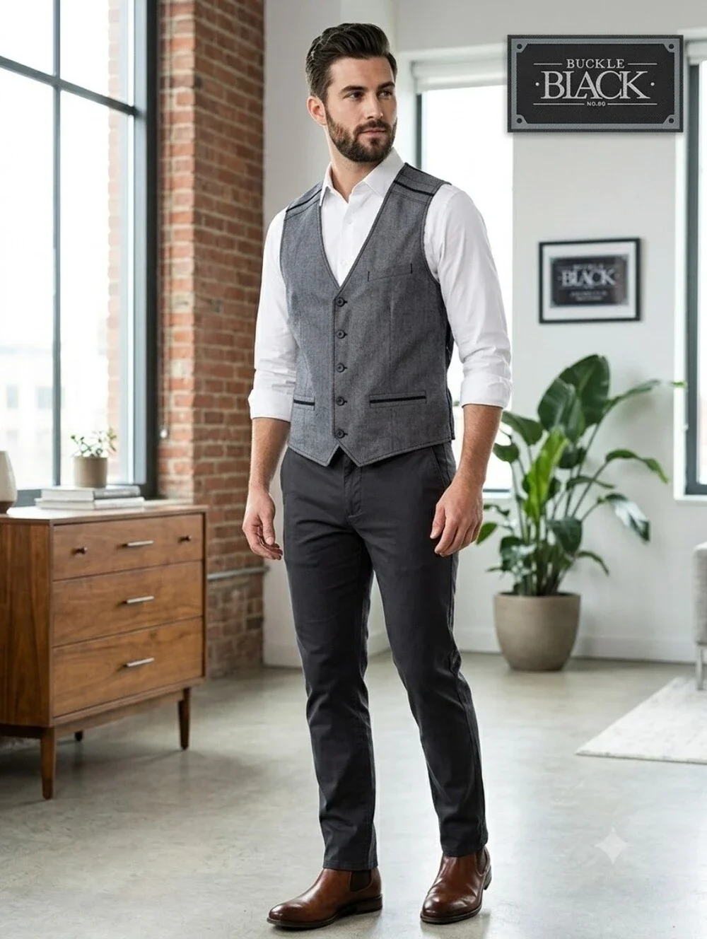 Buckle BLACK, Gray Herringbone Pattern Vest/Waistcoat With Buttons Size M